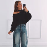 FALL IS COMING BLACK CUT-OUT SWEATER