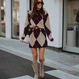 ANOUCK BURGUNDY/BEIGE ARGYLE DRESS