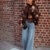 FALL IN LOVE BROWN CHECKERED ZIP JACKET