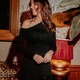 JOY TO ALL BLACK RHINESTONE ONE SHOULDER BLOUSE