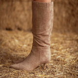 THORNFIELD BEIGE SUEDE HEEL BOOTS