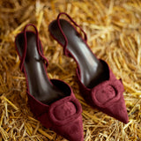 ROWDY BORDEAUX SLINGBACK SUEDE HEELS