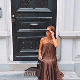 VIVIENNE BROWN SATIN HALTER DRESS