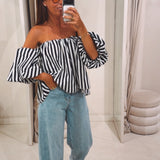 ELIN ECRU/DARK BLUE STRIPED OFF SHOULDER BLOUSE