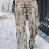 KHAKI FADED LEOPARD WIDE LEG PANTS