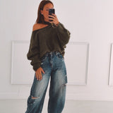 FALL IS COMING KHAKI CUT-OUT SWEATER
