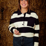 AVENIS DARK BLUE/ECRU STRIPED POLO KNIT SWEATER