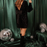 MERRY ME BLACK BOW SEQUIN DRESS