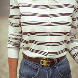 QUINLYN ECRU STRIPED LONGSLEEVE POLO SHIRT