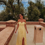 OUAFAE YELLOW PLISSE OFF SHOULDER DRESS
