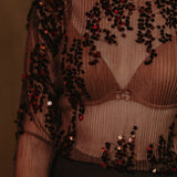 PARTY FEVER BROWN PLISSE SEQUIN BLOUSE