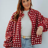 JULIETTE RED/BEIGE CHECKERED ZIP JACKET