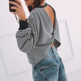 OLIVIA DARK GREEN STRIPED OPEN BACK SWEATER