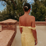 OUAFAE YELLOW PLISSE OFF SHOULDER DRESS