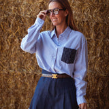 NEVADA BLUE STRIPED POCKET BLOUSE