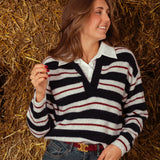 MAUREEN DARK BLUE STRIPED POLO KNIT SWEATER