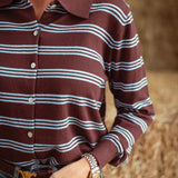 QUINLYN BROWN STRIPED LONGSLEEVE POLO SHIRT