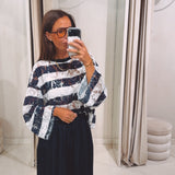 ASTRID DARK BLUE/WHITE STRIPED LACE BLOUSE