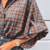 CELINE BROWN/GREY CHECKERED BLOUSE