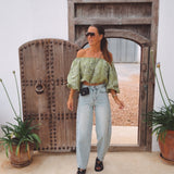 MARAVILLOSA GREEN LINEN OFF SHOULDER BLOUSE