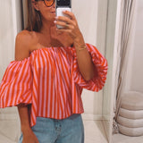 ELIN PINK/RED STRIPED OFF SHOULDER BLOUSE
