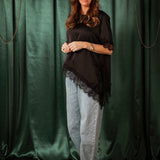 ROCKIN' AROUND BLACK ASYMMETRIC SATIN LACE BLOUSE