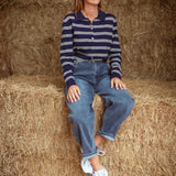 QUINLYN DARK BLUE STRIPED LONGSLEEVE POLO SHIRT