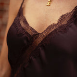 SHADOWLEAF BROWN ASYMMETRIC SATIN LACE TOP