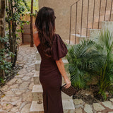 NAYEL BROWN LINEN ONE SHOULDER DRESS