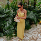 CORALITO YELLOW LINEN ONE SHOULDER DRESS