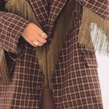 JOLENE BROWN CHECKERED FRINGE BLAZER