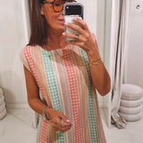 EVI GREEN/PINK STRIPED PRINT CROCHET DRESS