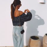 PRE-ORDER MARAVILLOSA DARK BLUE LINEN OFF SHOULDER BLOUSE