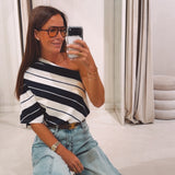 ALORA DARK BLUE STRIPED ONE SHOULDER T-SHIRT
