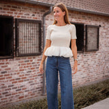 AMBERLY BEIGE RIBBED PEPLUM TOP