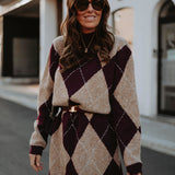 ANOUCK BURGUNDY/BEIGE ARGYLE DRESS