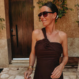 CORALITO BROWN LINEN ONE SHOULDER DRESS