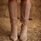 THORNFIELD BEIGE SUEDE HEEL BOOTS