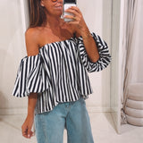 ELIN ECRU/DARK BLUE STRIPED OFF SHOULDER BLOUSE