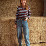 QUINLYN BROWN STRIPED LONGSLEEVE POLO SHIRT