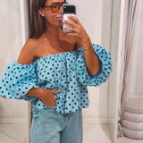 ELIN LIGHT BLUE/BROWN POLKADOTS OFF SHOULDER BLOUSE