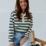 BROOKE ECRU/DARK GREEN STRIPED LONGSLEEVE POLO SHIRT