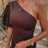 NAYEL BROWN LINEN ONE SHOULDER DRESS