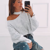 FALL IS COMING LIGHT GREY CUT-OUT SWEATER