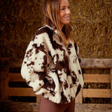 ODETTA BROWN/ECRU COW PRINT TEDDY JACKET
