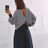 OLIVIA DARK BLUE STRIPED OPEN BACK SWEATER
