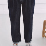 DARK BLUE STRIPED BARREL JEANS 9317