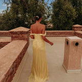 OUAFAE YELLOW PLISSE OFF SHOULDER DRESS