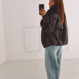 ZORA BROWN LEATHER FAUX FUR COLLAR JACKET