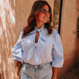 FADWA LIGHT BLUE STRIPED BOW BLOUSE